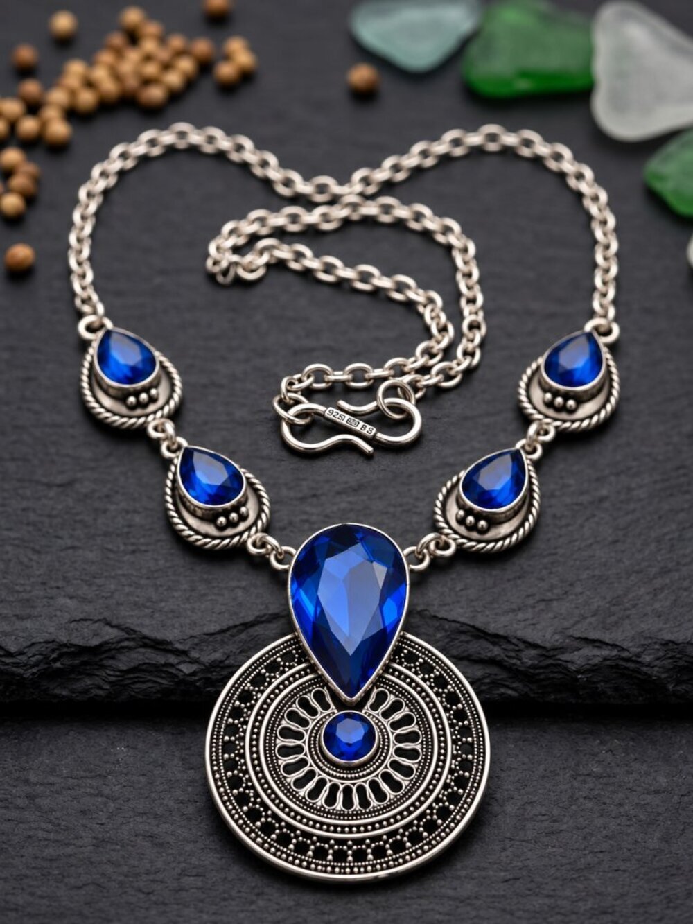 Royal Blue Teardrop Statement Necklace 925 Sterling Silver Bohemian Filigree 20"